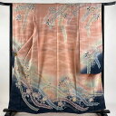 振袖 身丈158.5cm 裄丈63.5cm S 袷 落款あり 辻が花 金通し 金彩 サーモンピンク 正絹 逸品 【中古】