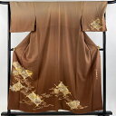 【在庫一掃】 付下げ 身丈155.5cm 裄丈66.5cm M 袷 和田光正 落款あり 光正高蒔絵 流水 金銀彩 茶色 正絹 逸品 【中古】