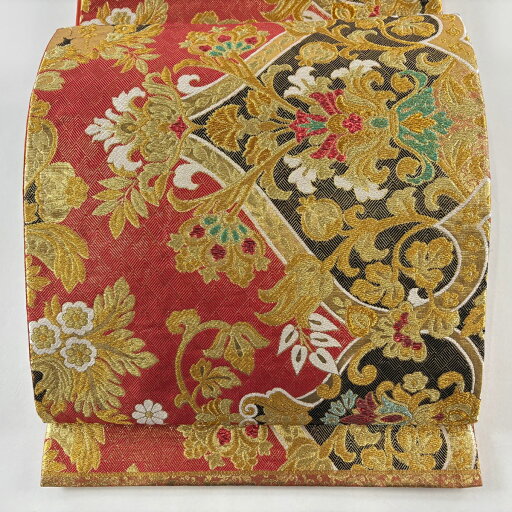 袋帯 美品 秀品 花唐草 草花 金糸 箔 赤 六通 正絹 【中古】 袋帯 美品 秀品 花唐草 草花 金糸 箔 赤 六通 正絹 【中古】