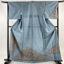 付下げ 身丈164cm 裄丈65cm M 単衣 紬地 花唐草 青灰色 正絹 美品 秀品 【中古】