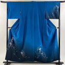 【在庫一掃】 付下げ 身丈155.5cm 裄丈66.5cm M 袷 和田光正 落款あり 草花 金銀彩 ぼかし 藍色 正絹 逸品 【中古】