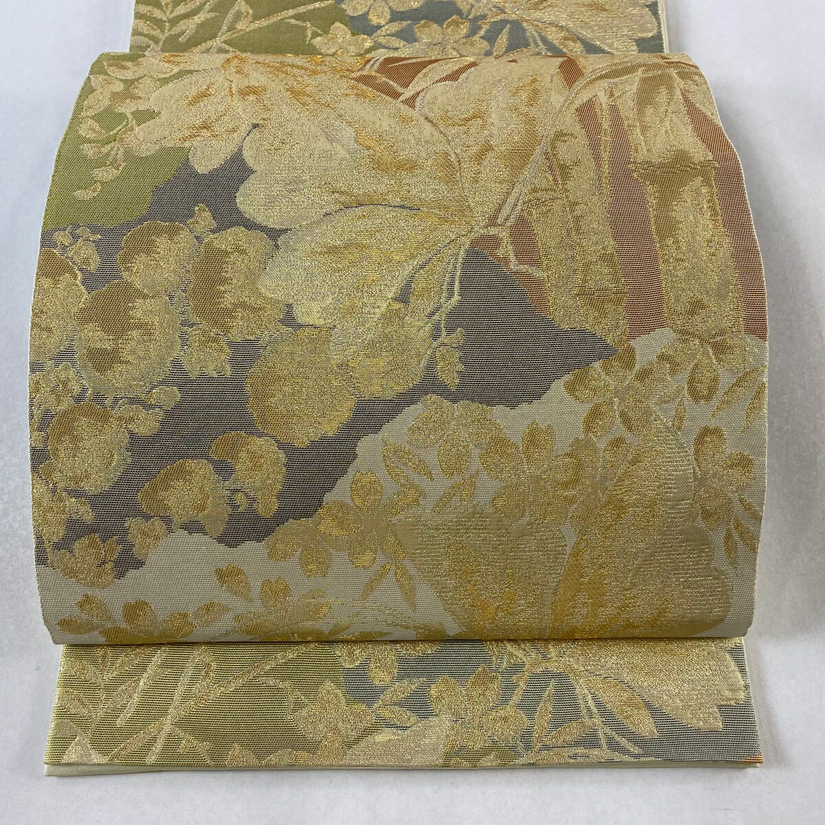 袋帯 美品 逸品 川島織物 落款あり 蝶 竹 金糸 箔 金色 六通 正絹 【中古】