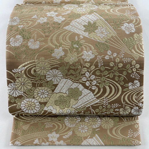 袋帯 美品 秀品 扇 秋草 唐織 薄茶色 六通 正絹 【中古】 袋帯 美品 秀品 扇 秋草 唐織 薄茶色 六通 正絹 【中古】