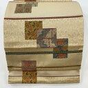 袋帯 名品 花兎 笹蔓 箔 ベージュ お太鼓柄 正絹 【中古】
