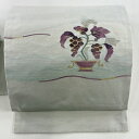 名古屋帯 名品 落款あり 帝王紫 紬地 葡萄 器物 金糸 灰色 正絹 【中古】 msp30