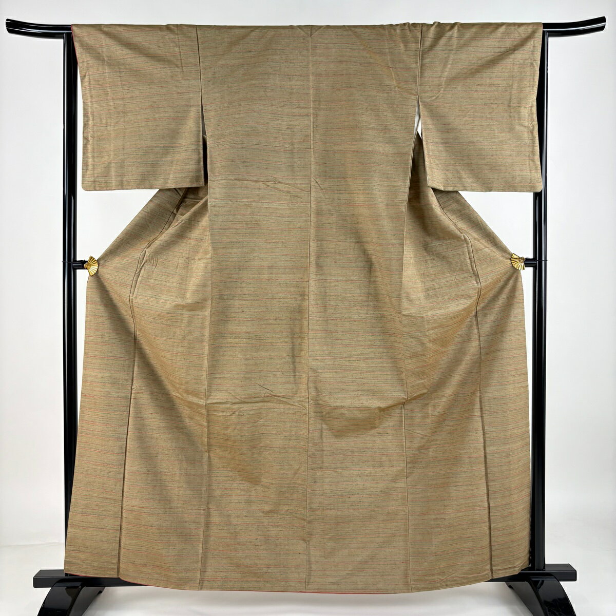 紬 身丈162cm 裄丈64cm M 袷 上田つむぎ 縞 茶緑色 正絹 名品 【中古】のサムネイル