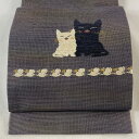袋帯 美品 逸品 猫 ゼンマイねずみ 金糸 金彩 灰紫 お太鼓柄 正絹 【中古】