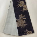 半幅帯 優品 菊 桜 濃紫 化繊 【中古】
