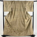付下げ 身丈159cm 裄丈66.5cm M 袷 紬地 笹蔓 花鳥 薄茶色 正絹 名品 一つ紋 【中古】