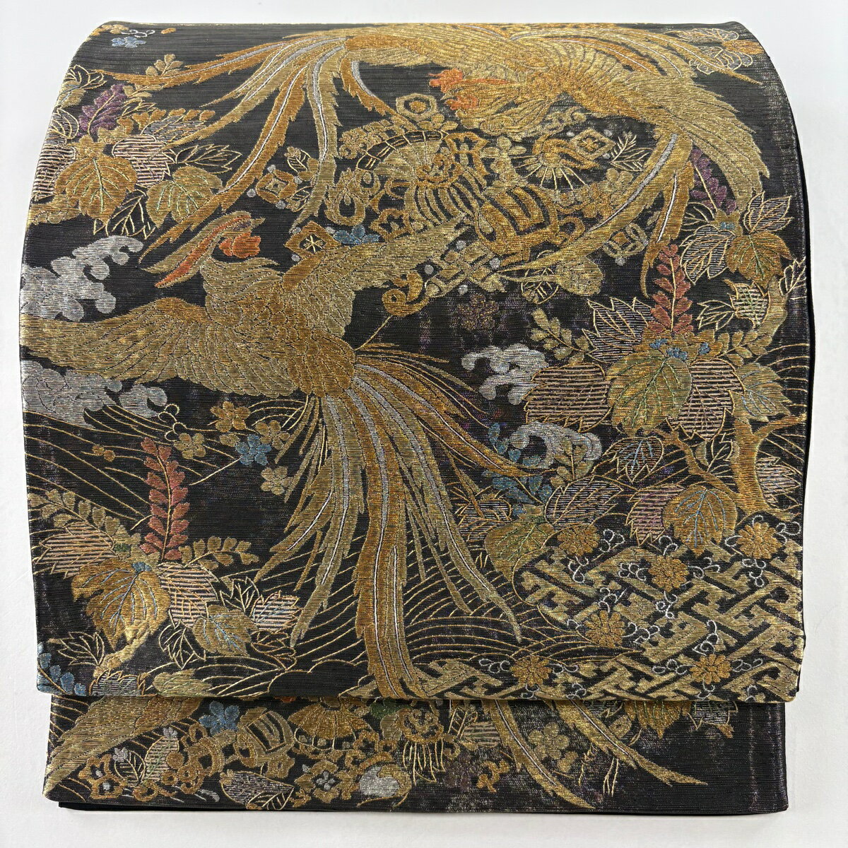 袋帯 逸品 落款あり 鳳凰 桐 金銀糸 刺繍 墨色 お太鼓柄 正絹 【中古】