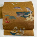 名古屋帯 美品 逸品 イルカ 蟹 山吹茶色 正絹 【中古】