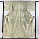 紬 身丈154cm 裄丈64.5cm M 袷 置賜紬 落款あり 証紙あり 縞 薄緑 正絹 美品 逸品 【中古】