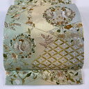 袋帯 美品 逸品 向かい鳥 草花 金糸 刺繍 薄緑 六通 正絹 【中古】