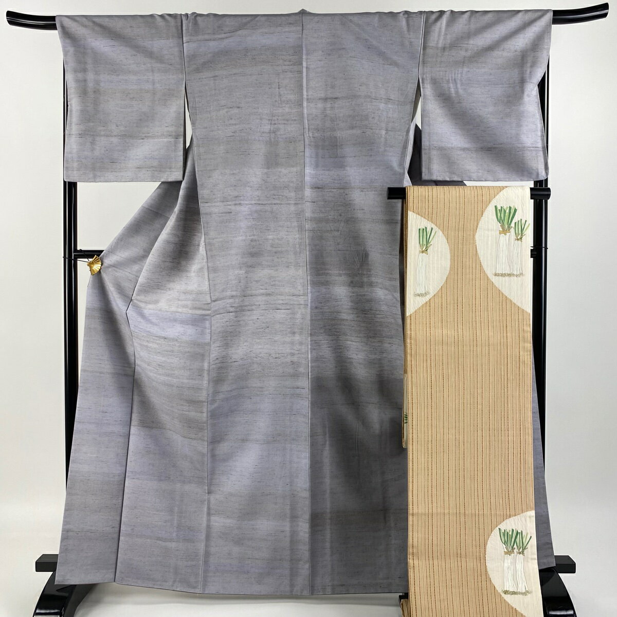 紬 身丈165.5cm 裄丈67.5cm L 袷 袋帯セット 青紫 正絹 美品 名品 【中古】