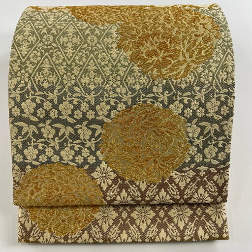 袋帯 美品 名品 丸文 草花 金糸 箔 灰緑 六通 正絹 【中古】 袋帯 美品 名品 丸文 草花 金糸 箔 灰緑 六通 正絹 【中古】