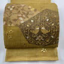 袋帯 美品 秀品 夏帯 向かい鳥 花唐草 金銀糸 箔 黄土色 お太鼓柄 正絹 【中古】