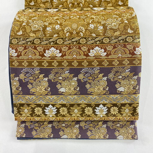 袋帯 美品 秀品 花唐草 段縞 箔 金色 六通 正絹 【中古】 袋帯 美品 秀品 花唐草 段縞 箔 金色 六通 正絹 【中古】