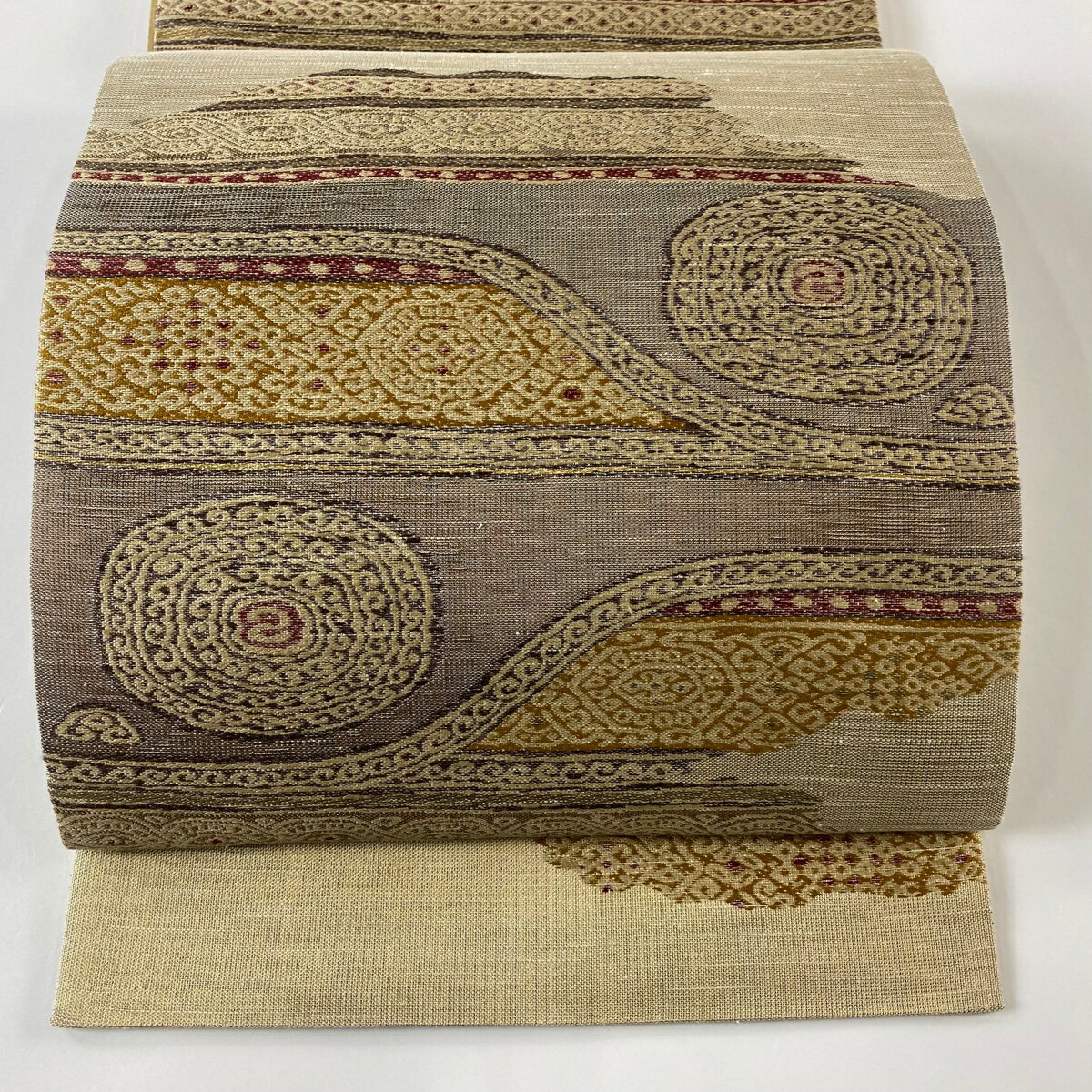 袋帯 美品 秀品 丸紋 幾何学 箔 本草木染 薄茶色 六通 正絹 【中古】