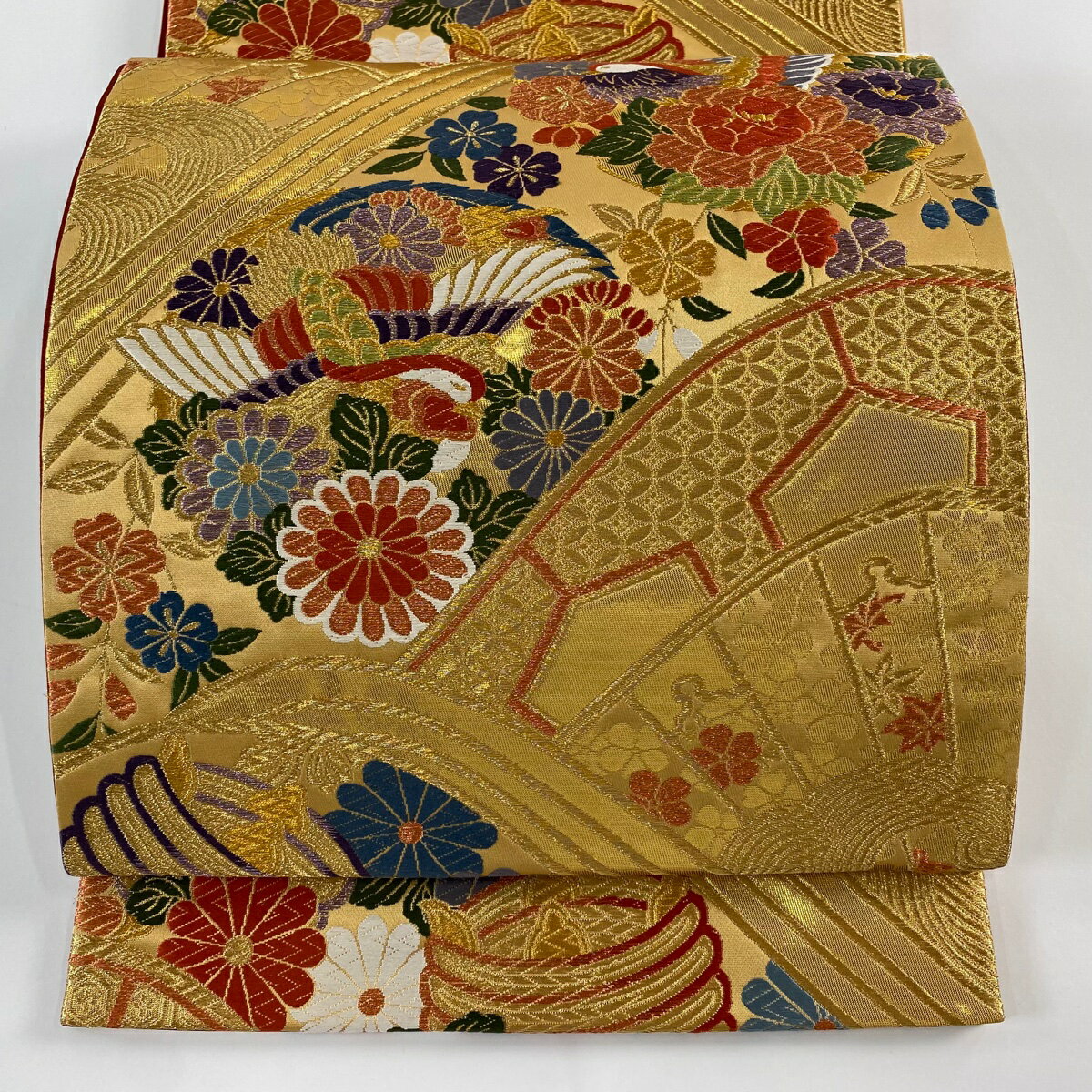【最終値引き】 袋帯 美品 秀品 糸巻 花鳥 金糸 箔 金色 六通 正絹 【中古】 msp29