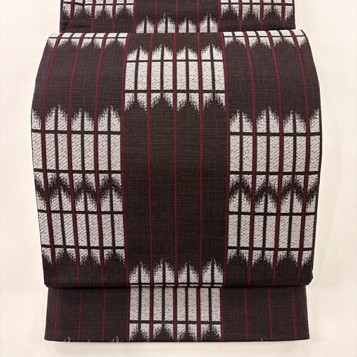 袋帯 美品 名品 縞 格子 小豆色 全通 正絹 【中古】