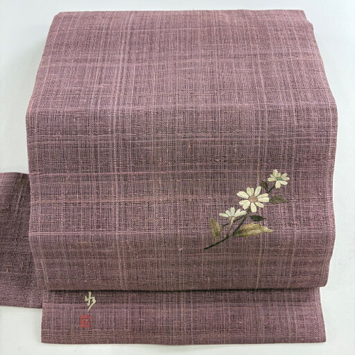 名古屋帯 秀品 落款あり 草苑白水 夏帯 草花 薄紫 正絹 【中古】 名古屋帯 秀品 落款あり 草苑白水 夏帯 草花 薄紫 正絹 【中古】