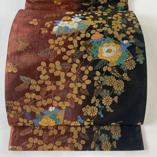 袋帯 秀品 扇面 草花 金銀糸 箔 赤黒 六通 正絹 【中古】 袋帯 秀品 扇面 草花 金銀糸 箔 赤黒 六通 正絹 【中古】