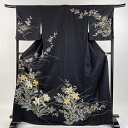 訪問着 身丈169cm 裄丈66.5cm M 袷 百合 蘭 銀通し 箔 黒 正絹 逸品 【中古】