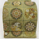 袋帯 美品 秀品 華文 向かい鳥 箔 唐織 抹茶色 六通 正絹 【中古】