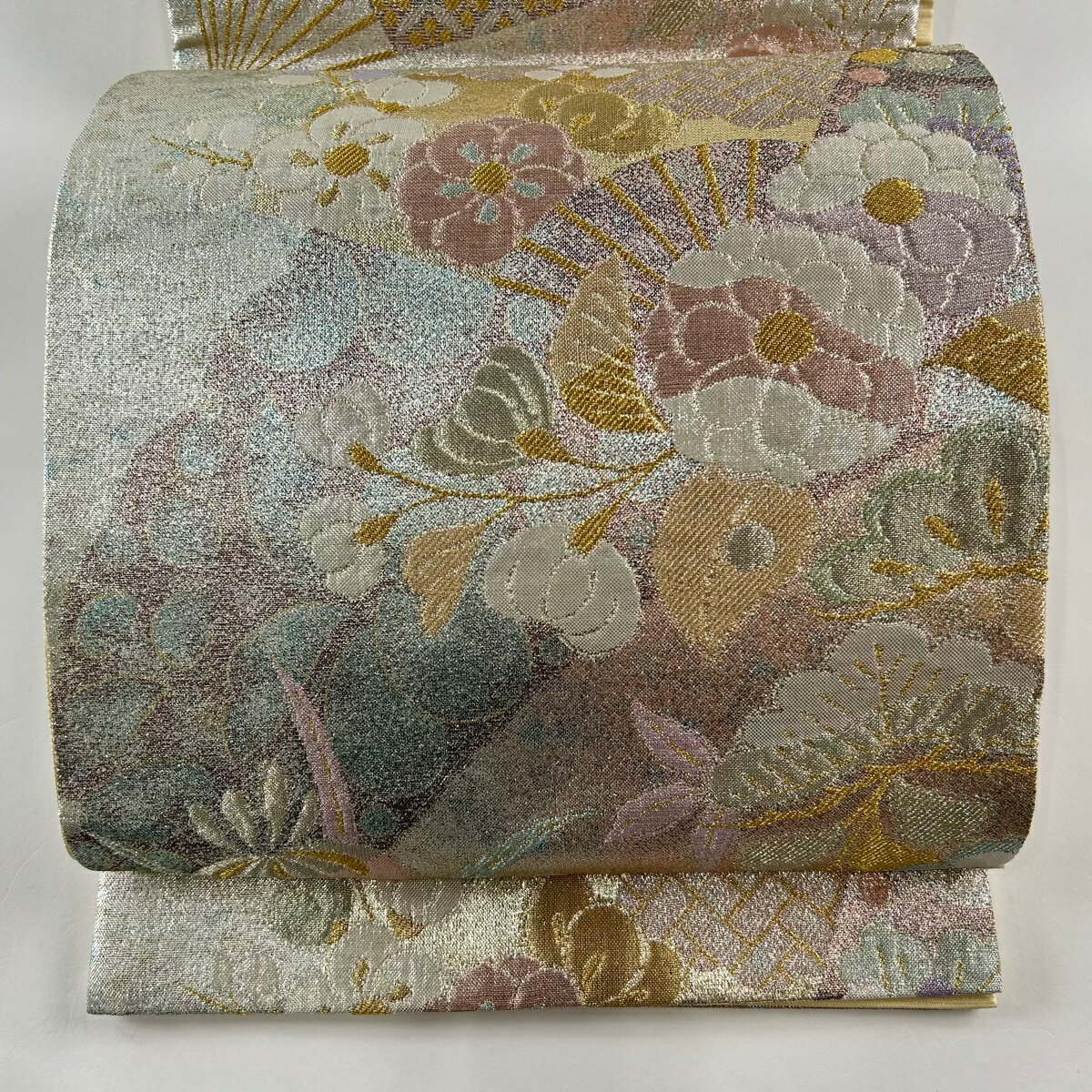 袋帯 美品 秀品 草花 扇 金糸 箔 銀色 六通 正絹 【中古】