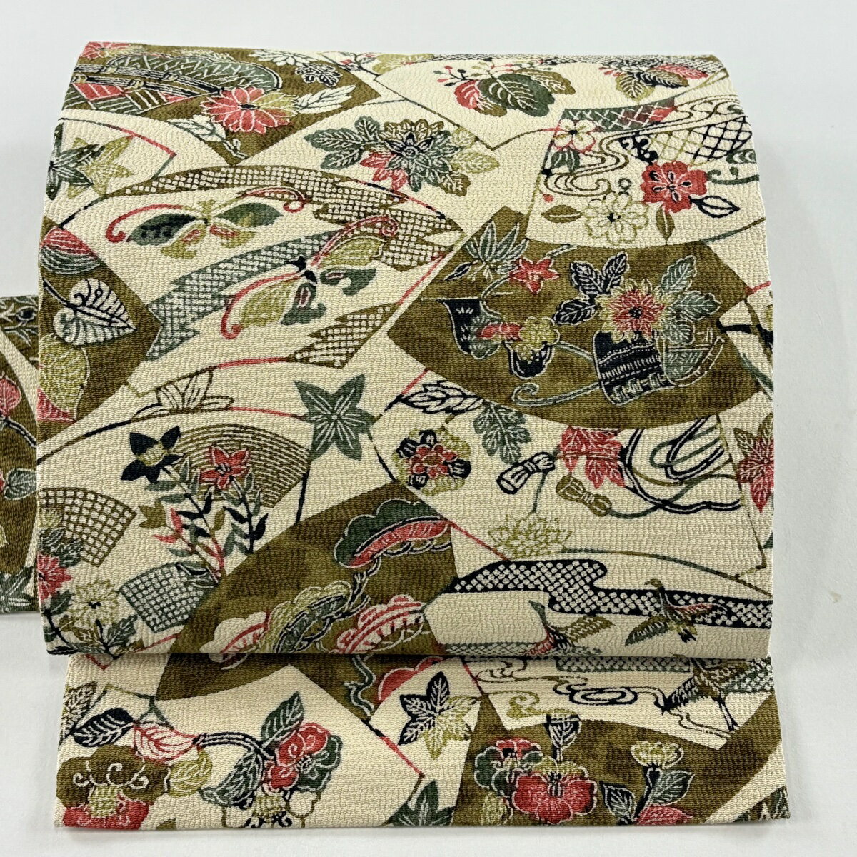 名古屋帯 秀品 扇面 花鳥 鶯色 正絹 【中古】