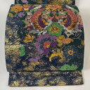 袋帯 美品 秀品 関西仕立て 向かい鳥 草花 金糸 箔 深緑 六通 正絹 【中古】