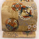 袋帯 秀品 落款あり 慶祥唐織 向かい鳥 華文 箔 唐織 黄土色 六通 正絹 【中古】