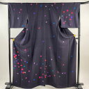 付下げ 身丈162cm 裄丈66cm M 袷 花 地紋 濃紫 正絹 美品 名品 【中古】