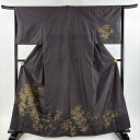 付下げ 身丈162.5cm 裄丈64.5cm M 袷 紬地 落款あり 草花 菊 ぼかし 茶紫 正絹 名品 【中古】