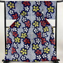 浴衣 身丈160.5cm 裄丈66cm M 絞り浴衣 花 幾何学 紺色 綿 名品 【中古】