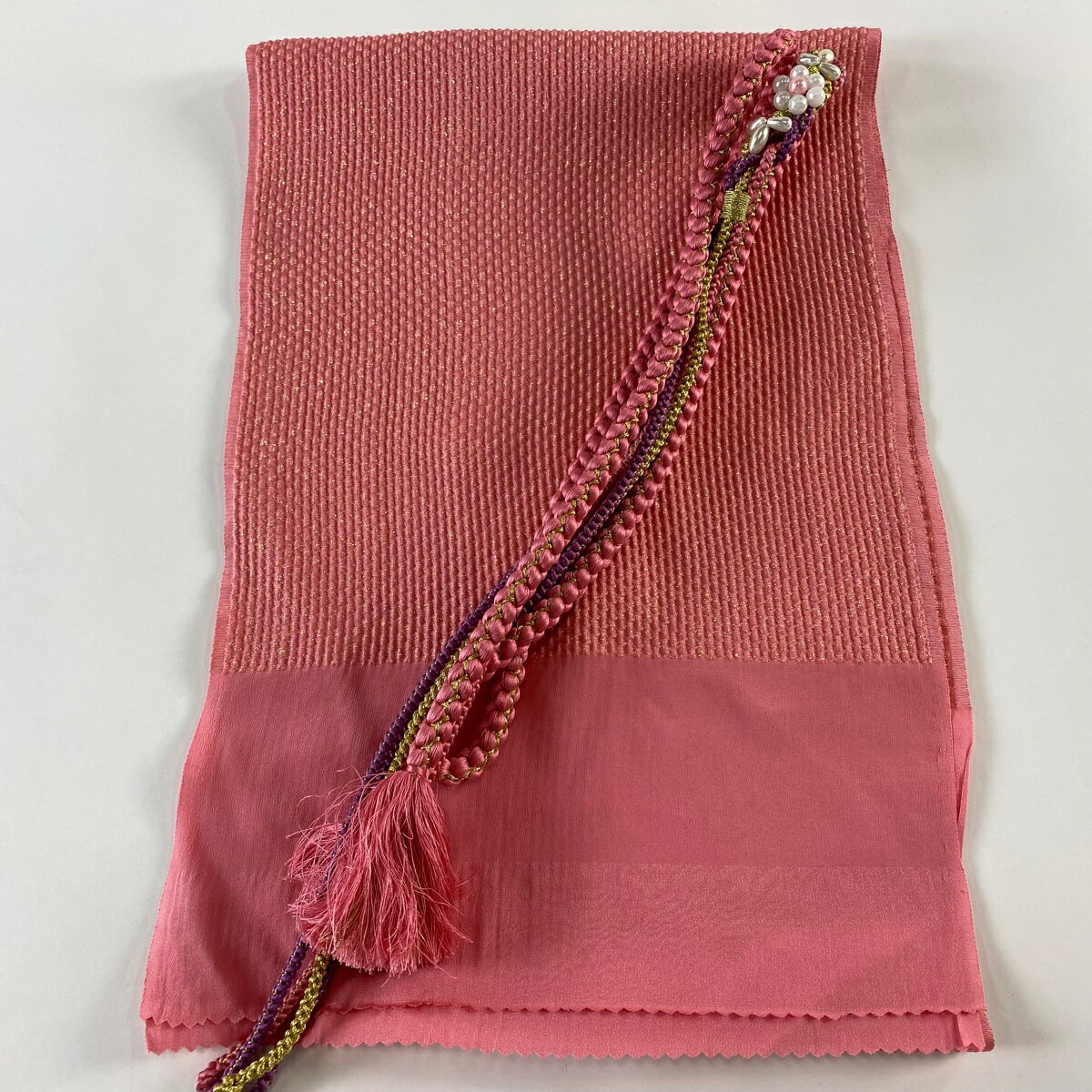 和装セット 優品 帯締め帯揚げ2点セット 振袖用 金通し ピンク 正絹 和装小物 【中古】