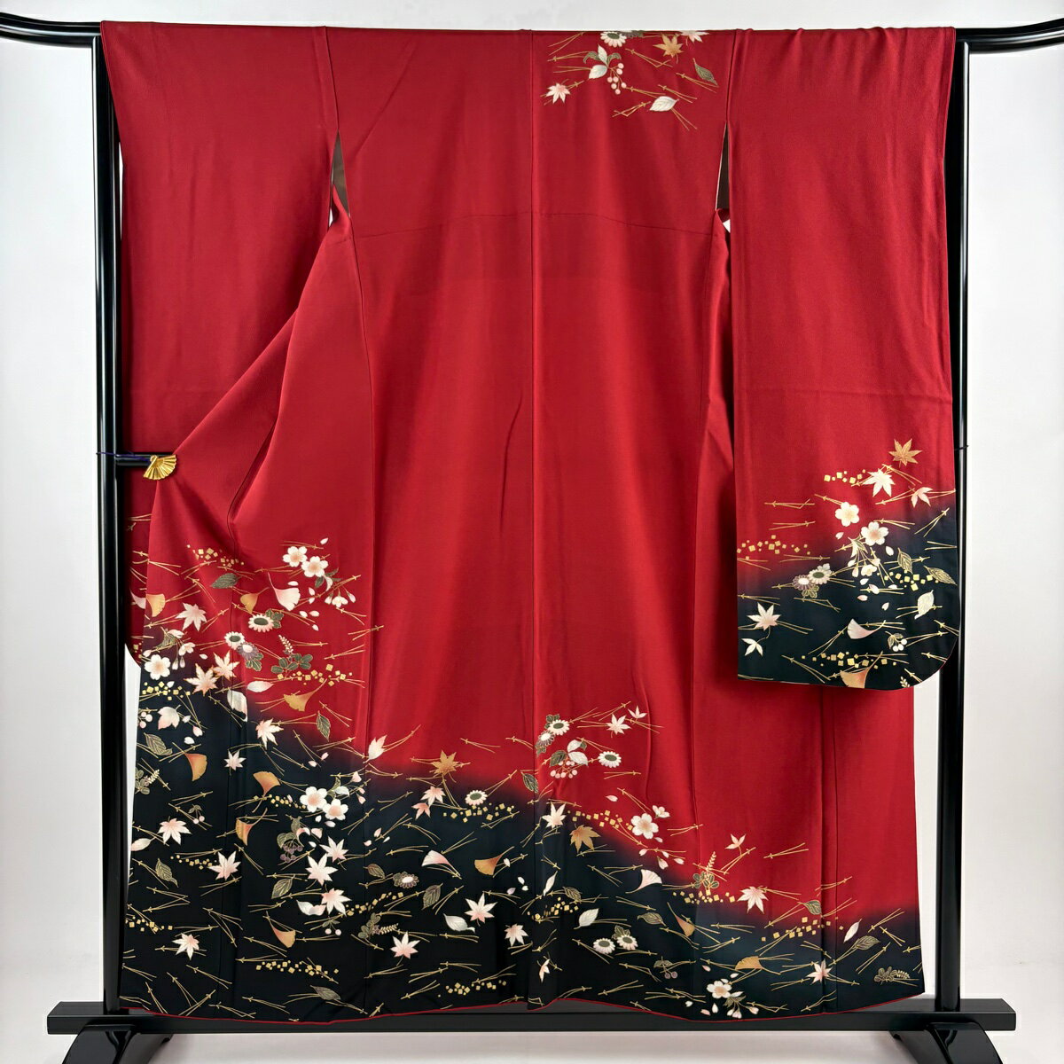 振袖 身丈157.5cm 裄丈65cm M 袷 吹き寄せ 金糸 金彩 赤 正絹 美品 秀品 【中古】