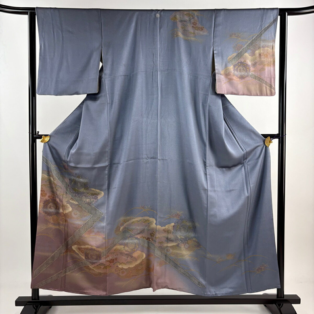 訪問着 身丈154cm 裄丈62cm S 袷 松竹梅 鶴 刺繍 金彩 青紫 正絹 秀品 一つ紋 【中古】 msp50