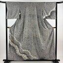 付下げ 身丈157.5cm 裄丈64cm M 袷 宝尽くし 幾何学 金彩 黒灰 正絹 秀品 【中古】