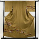 付下げ 身丈155.5cm 裄丈62cm S 袷 草花 縞 金彩 茶色 正絹 秀品 一つ紋 【中古】