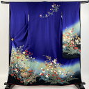 振袖 身丈161.5cm 裄丈66.5cm M 袷 草花 扇面 金糸 金銀彩 濃紫 正絹 秀品 【中古】