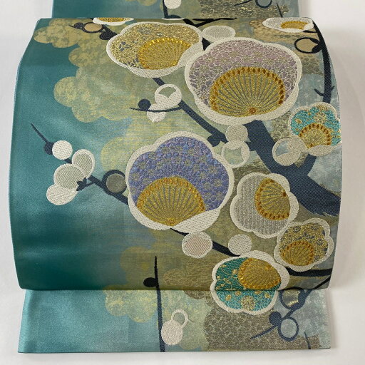 袋帯 美品 秀品 引箔袋 枝梅 箔 水色 六通 正絹 【中古】 袋帯 美品 秀品 引箔袋 枝梅 箔 水色 六通 正絹 【中古】