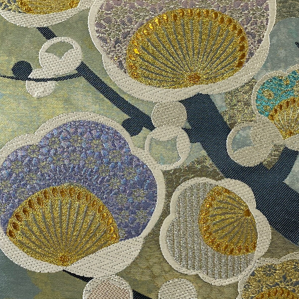 袋帯 美品 秀品 引箔袋 枝梅 箔 水色 六通 正絹 【中古】
