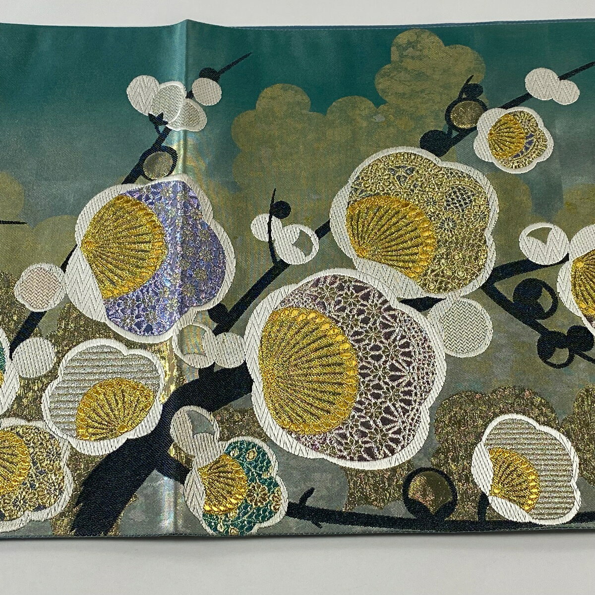 袋帯 美品 秀品 引箔袋 枝梅 箔 水色 六通 正絹 【中古】