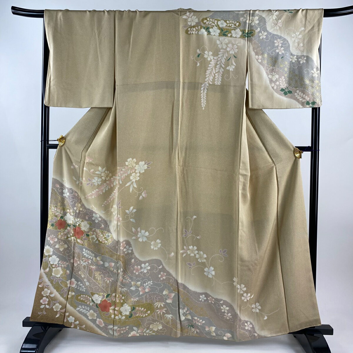 訪問着 身丈161.5cm 裄丈67.5cm L 袷 ヱ霞 辻が花柄 金彩 ぼかし ベージュ 正絹 秀品 【中古】