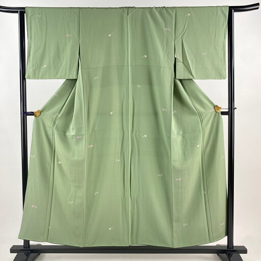 小紋 身丈153.5cm 裄丈62.5cm S 袷 枝梅 金彩 薄緑 正絹 秀品 【中古】 小紋 身丈153.5cm 裄丈62.5cm S 袷 枝梅 金彩 薄緑 正絹 秀品 【中古】