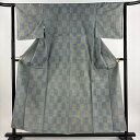 紬 身丈155cm 裄丈63cm S 単衣 市松 青灰色 正絹 秀品 【中古】