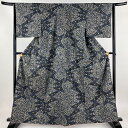 紬 身丈163cm 裄丈65.5cm M 袷 葉柄 黒灰 正絹 秀品 【中古】