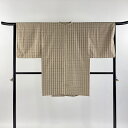 道中着 身丈95.5cm 裄丈62.5cm S 和装コート 紬地 縦縞 幾何学模様 薄茶色 正絹 名品 【中古】