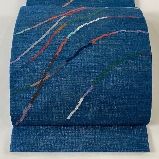 袋帯 美品 秀品 幾何学模様 銀糸 藍色 お太鼓柄 正絹 【中古】 袋帯 美品 秀品 幾何学模様 銀糸 藍色 お太鼓柄 正絹 【中古】